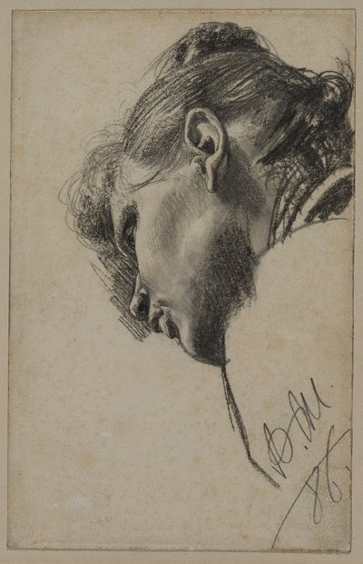 Hoofd van een jonge vrouw gezien van onderaf, 1886 door Adolph Menzel
