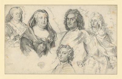 Koningin Sophia Dorothea van Pruisen, keizerin Elisabeth van Rusland, koning Augustus II van Polen, koning Augustus III van Polen, Lodewijk XV van Frankrijk door Adolph Menzel