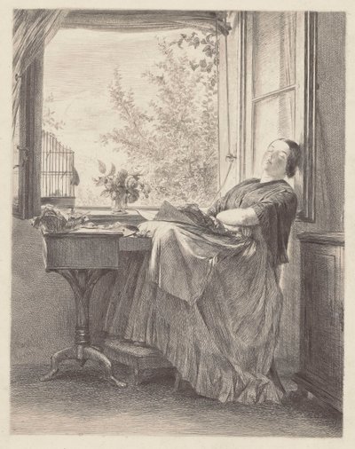 Slapende naaister bij het raam (Emilia, Menzels zuster, later mevrouw Krigar). door Adolph Menzel
