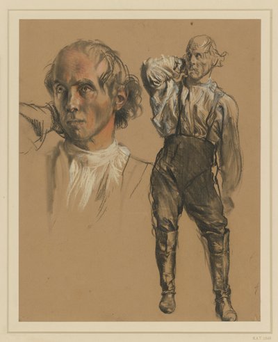 Man in hemd, broek en hoge laarzen, en face staand, met de rechterhand aan de nek, blik naar links, links: grotere kopstudie door Adolph Menzel