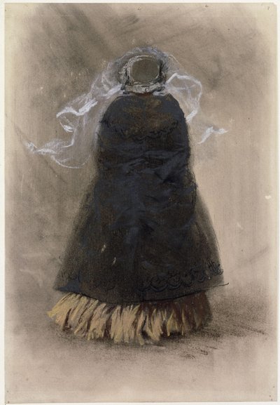 Rugfiguur van een dame met hoed en wapperende sluier door Adolph Menzel