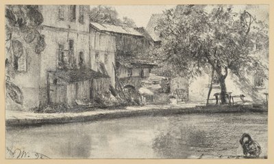 Achterzijde van een huizenrij en boom aan het water door Adolph Menzel