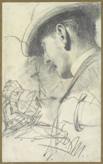 Schetsblad met een heer met knevel en hoed, schuin van achteren gezien, benevens enige details door Adolph Menzel