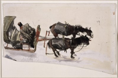 Sledespan met twee paarden en koetsier, van boven gezien door Adolph Menzel