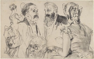 Schetsblad met drie mannenhoofden en twee vrouwelijke rugfiguren van een voornaam gezelschap door Adolph Menzel