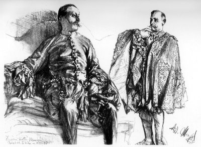 Studies van oude jurken op levende modellen, ca. 1880-1882 door Adolph Menzel
