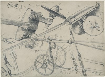 Transportwagen met details en afmetingen. Studie voor ‘De ijzerwalserij. Moderne cyclopen’ door Adolph Menzel