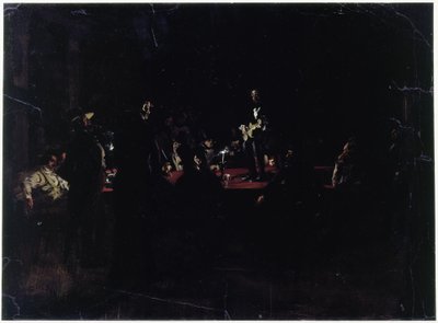 Feestgangers rond een grote tafel en een zanger door Adolph Menzel