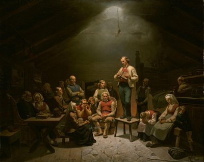 Noors:  Haugianerne Lage Kerk Devotie door Adolph Tidemand