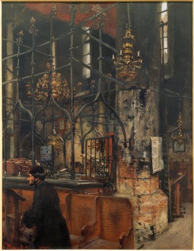 Het Interieur van de Oud-Nieuwe Synagoge in Praag door Adolph Menzel