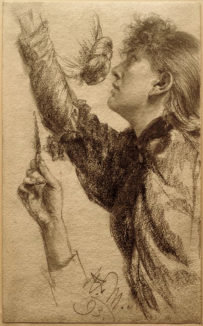 Studie van een jonge vrouw met opgeheven arm door Adolph Menzel
