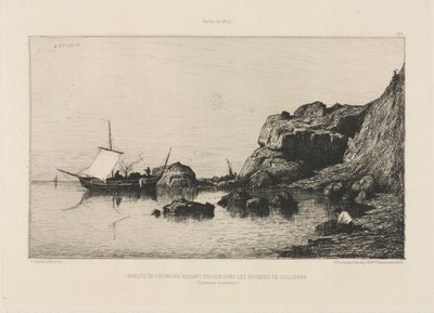Vissersboot die aanlegt bij de rotsen van Collioure door Adolphe Appian