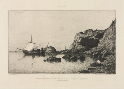 Vissersboot maakt een tussenstop bij de rotsen van Collioure door Adolphe Appian