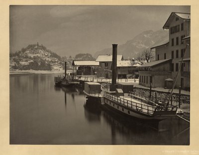 Rivierschepen op hun winterligplaats, Zwitserland door Adolphe Braun