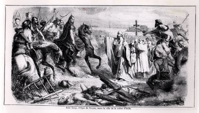 St. Loup verdedigt de stad Troyes tegen Attila de Hun te paard, illustratie uit een geschiedenis van Frankrijk, 2e helft 19e eeuw door Adolphe Francois Pannemaker