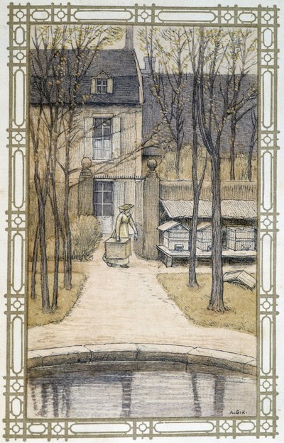 Leven van bijen: imker en zijn bijenkorven - tekening door A. Giraudon door Adolphe Giraudon
