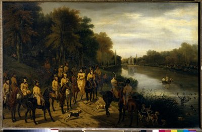 Jacht: De hallali bij de vijvers van Comelles door Adolphe Ladurner