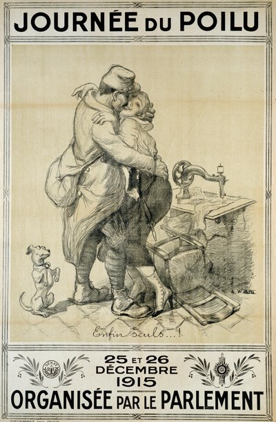 Eerste Wereldoorlog: poster ter ere van soldaten die de hereniging van een paar vertegenwoordigen voor de Dag van de Harige op 25 en 26 december door Adolphe Leon Willette