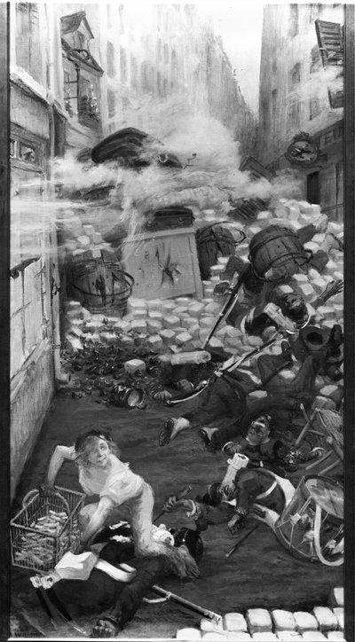 Gavroche verzamelt patronen door Adolphe Leon Willette