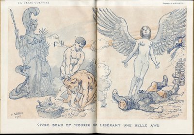 Illustratie van Adolphe dit Willette (1857-1926) in Fantasio, 01/05/15 - Mooi leven en sterven door het loslaten van een mooie ziel - Oorlog van 14-18, Dode lijken, Barbarij/Kultur, Jam van Schedel - Soldaten door Adolphe Leon Willette