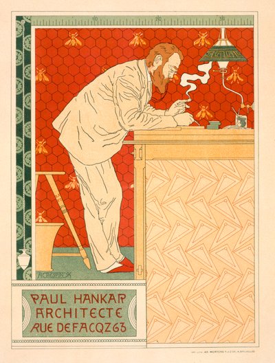 Reproductie van een poster die de architectenpraktijk van Paul Hankar adverteert, 1894 door Adolphe Louis Charles Crespin