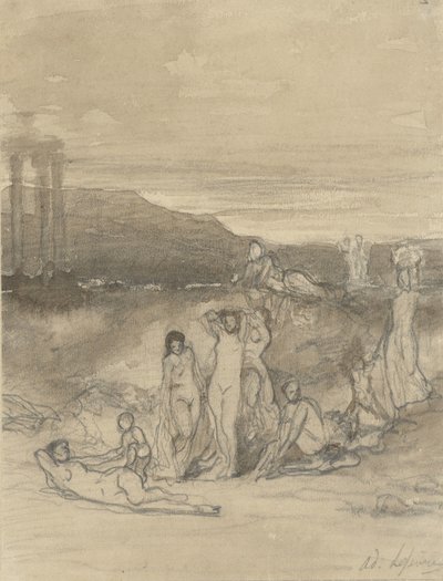 Klassiek landschap met liggende, staande en zittende naaktfiguren en een tempelruïne door Adolphe René Lefèvre