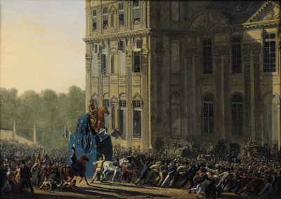 Het transport van het standbeeld van Henri IV (1553-1610) voor het Flora Paviljoen van het Louvre, 1818 door Adolphe Roehn