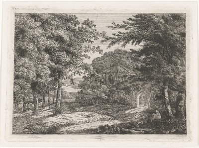 Landschap met kapel tussen bomen en lezende monnik door Adriaan Jacob Willem van Dielen