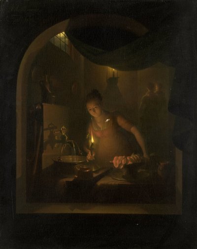 Keuken bij lamplicht door Adriaan Meulemans