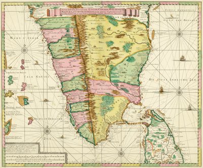 Kaart van Zuid-India en Ceylon, naar een werk gemaakt circa 1720 door de Nederlandse cartograaf Adriaan Reland door Adriaan Reland