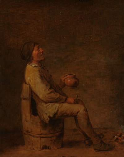 Man zittend met een pijp en een kruik in een interieur door Adriaen Brouwer (possibly copy after)