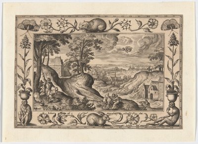 Abrahams offer van Isaak, uit Landschappen met scènes uit het Oude en Nieuwe Testament en Jachtscènes door Adriaen Collaert