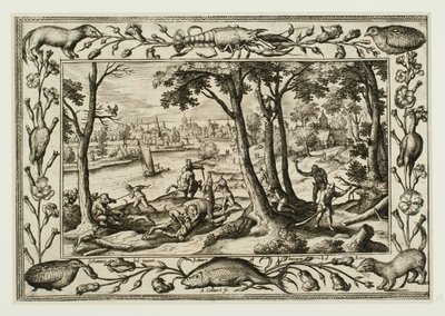 Berenjacht, uit Landschappen met scènes uit het Oude en Nieuwe Testament en Jachtscènes door Adriaen Collaert