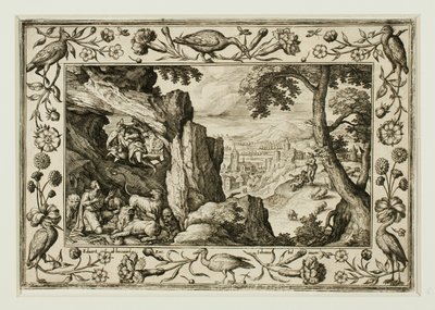 Daniël in de leeuwenkuil, uit Landschappen met scènes uit het Oude en Nieuwe Testament en Jachtscènes door Adriaen Collaert