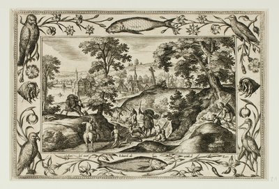 Hertenjacht, uit Landschappen met scènes uit het Oude en Nieuwe Testament en Jachtscènes door Adriaen Collaert