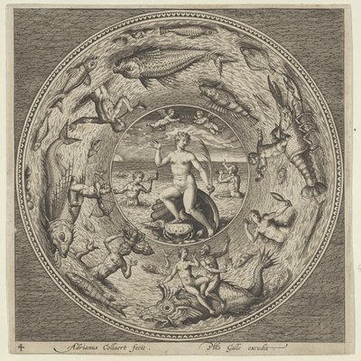 Ontwerp voor een bord met Galatea op een schelp geflankeerd door trompetters in een medaillonrand, ca. 1600 door Adriaen Collaert