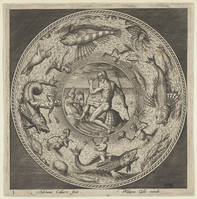 Ontwerp voor een Bord met Neptunus in een Schelp Getrokken door Paarden in een Medaillon Omrand door..., ca. 1600 door Adriaen Collaert