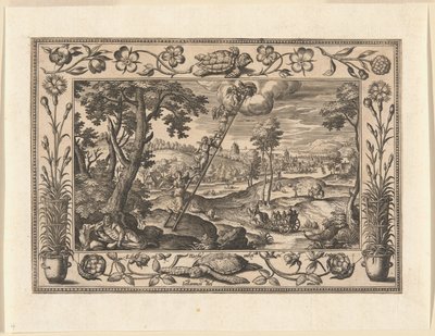 Jakobsdroom, uit Landschappen met scènes uit het Oude en Nieuwe Testament en Jachtscènes door Adriaen Collaert