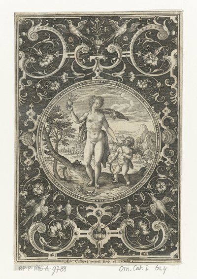 Medaillon met Venus en Amor in omlijsting van grotesken met bloemen, guirlandes, dieren en mascarons door Adriaen Collaert