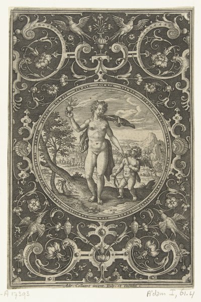 Medaillon waarin Venus met de Parisappel in haar hand en Amor aan haar zijde door Adriaen Collaert