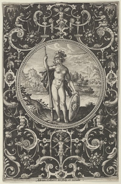 Minerva in een Decoratief Kader met Grotesken, uit het Oordeel van Paris door Adriaen Collaert