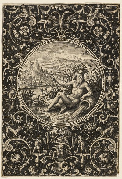 Neptunus als riviergod, plaat twee uit Het oordeel van Parijs door Adriaen Collaert