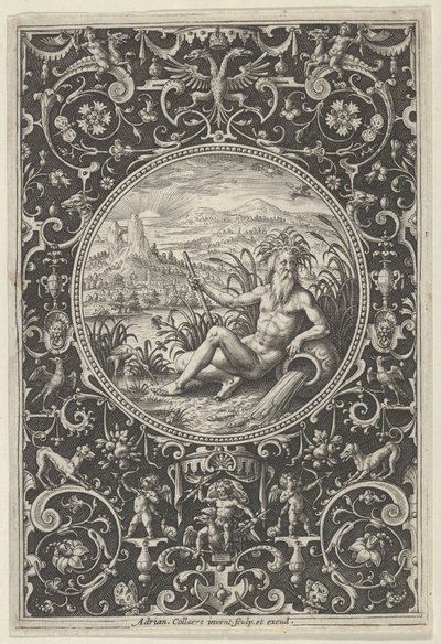 Neptunus in een decoratief kader met grotesken, uit het oordeel van Paris door Adriaen Collaert