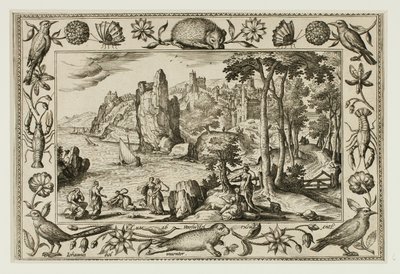 De dochter van de farao die Mozes vindt, uit Landschappen met scènes uit het Oude en Nieuwe Testament en Jachtscènes door Adriaen Collaert