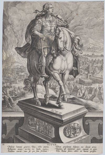 Plaat 11: ruiterstandbeeld van Titus, driekwart naar rechts gezien, Mount Vesuv..., ca. 1587-89 door Adriaen Collaert