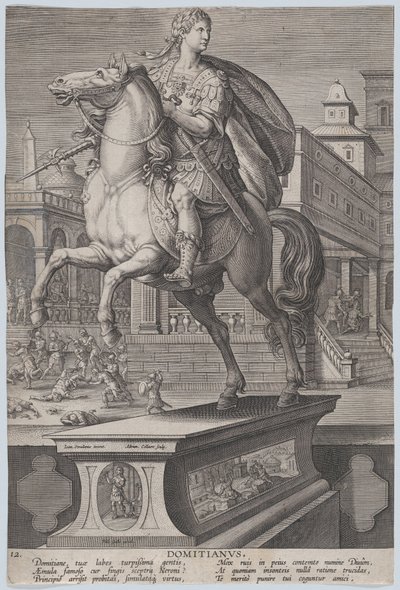 Plaat 12: ruiterstandbeeld van Domitianus, driekwart naar links gezien, ca. 1587-89 door Adriaen Collaert
