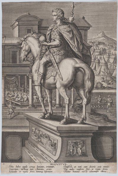Plaat 2: ruiterstandbeeld van Augustus, met een globe en van achteren gezien, ca. 1587-89 door Adriaen Collaert