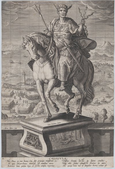 Plaat 4: ruiterstandbeeld van Caligula, driekwart naar links gezien, ca. 1587-89 door Adriaen Collaert