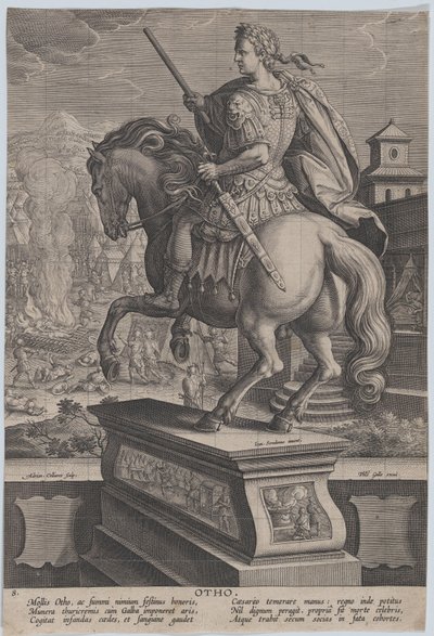 Plaat 8: ruiterstandbeeld van Otho, gezien van achteren, zijn sterfscène op de achtergrond, ca. 1587-89 door Adriaen Collaert