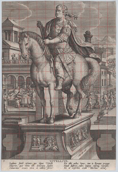 Plaat 9: ruiterstandbeeld van Vitellius, driekwart naar links door Adriaen Collaert